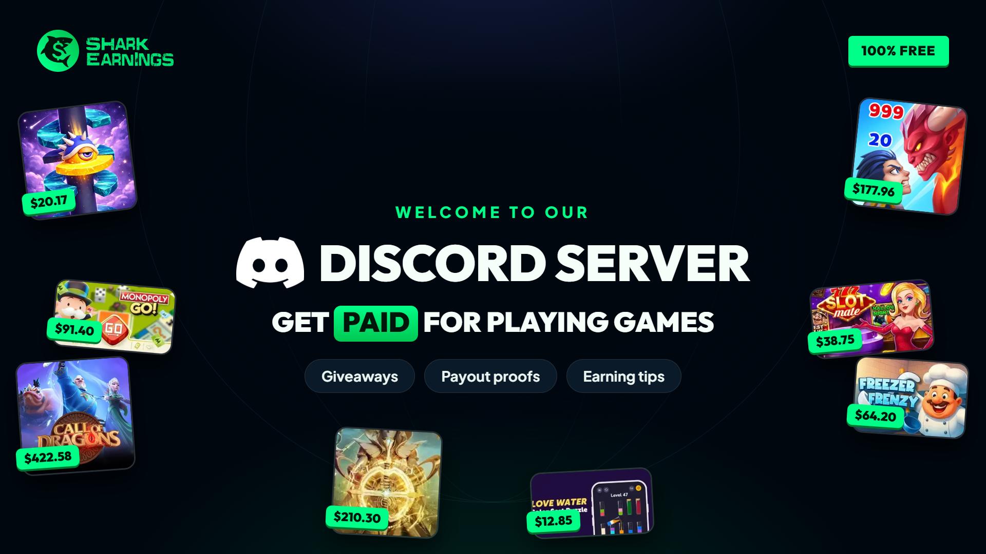Discovery splash banner for Shark Earnings: Earn Cash & Rewards Discord server